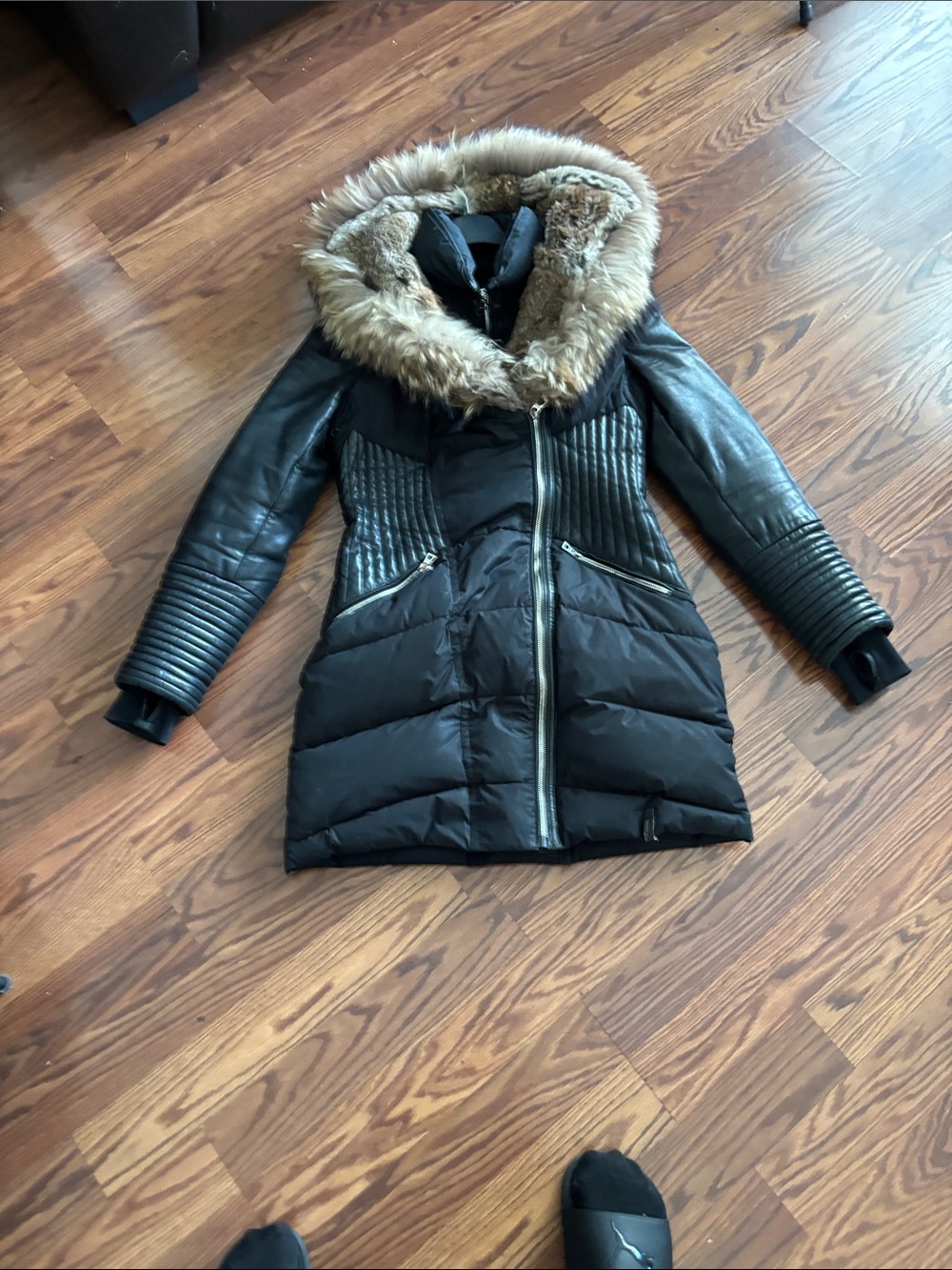 RUDSAK Black Quilted Puffer Coat with Brown Faux Fur Hood